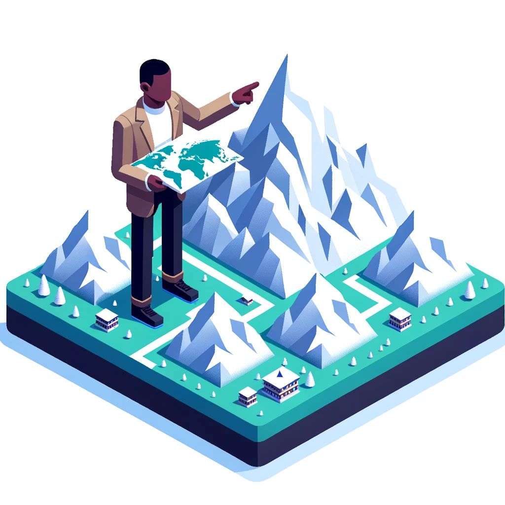 someone gazing at Mount Everest, isometric art
